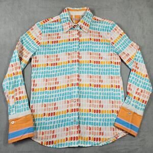 Tizzie Shirt Womens Small Button Down Cotton Printed Long Sleeve Colorful Beachy